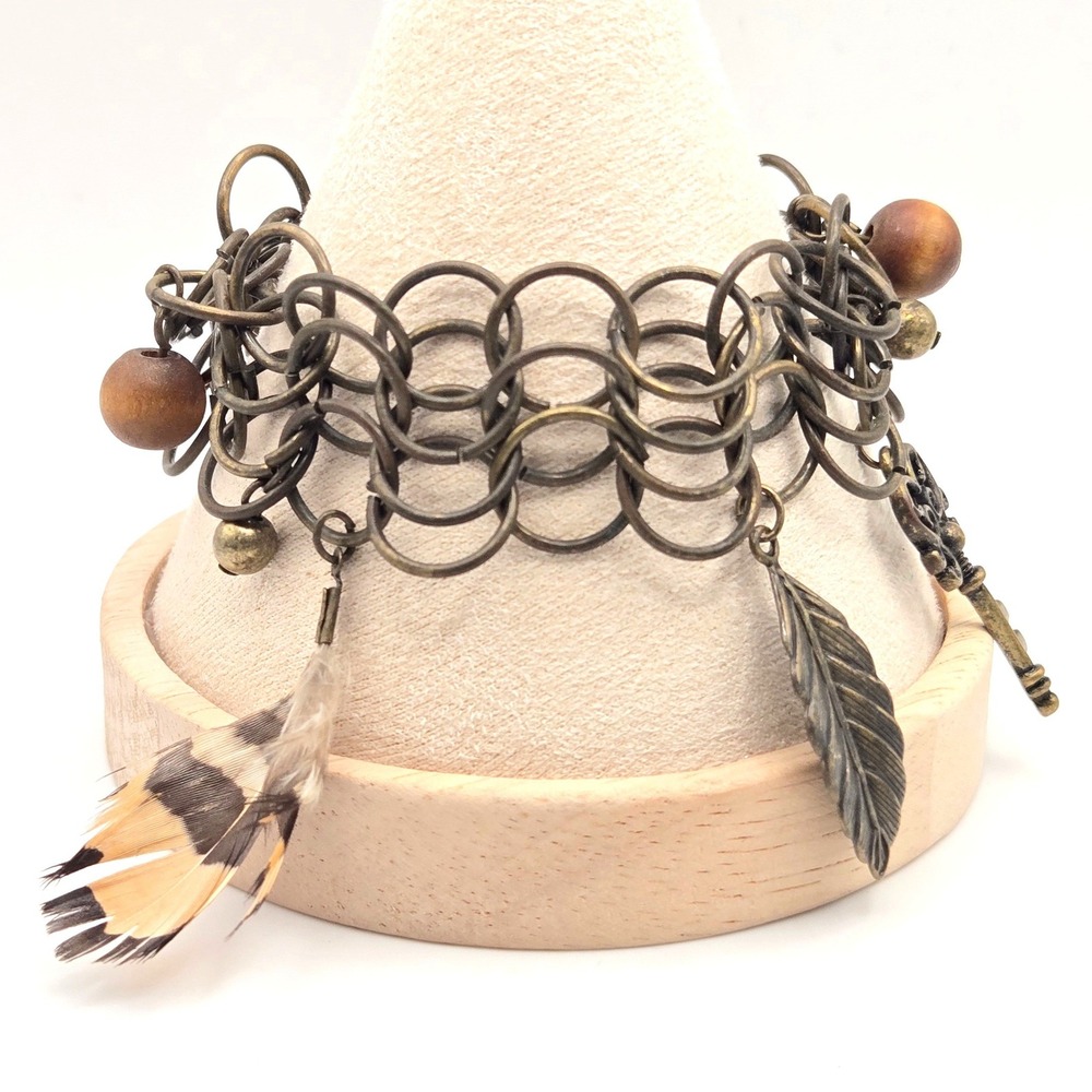 Antique Bronze Tone Boho Charm Bracelet Key Heart Feather Wood Bead Toggle Clasp